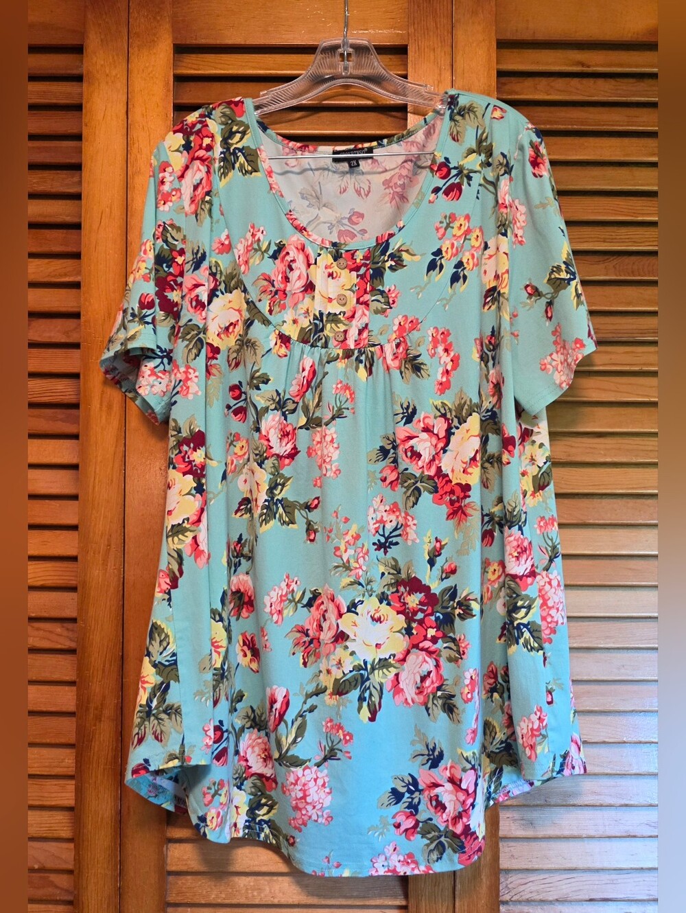 CPOKRTWSO Boho Floral Pleated Henley Tunic Blouse Pink Blue Size 2X
